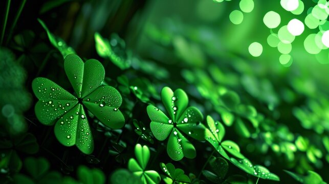 lucky shamrock four petal green symbol of St Patrick's day. Clover leaves background. 