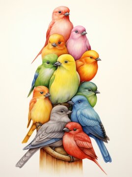 A flock of birds perched on top of a wooden pole, showcasing their unity as they observe their surroundings.