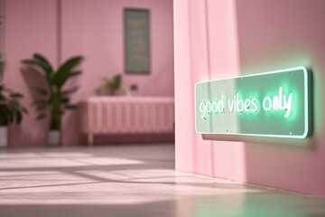 neon pastel green word GOOD VIBES ONLY on pink wall of studio, yoga gym or meditation center