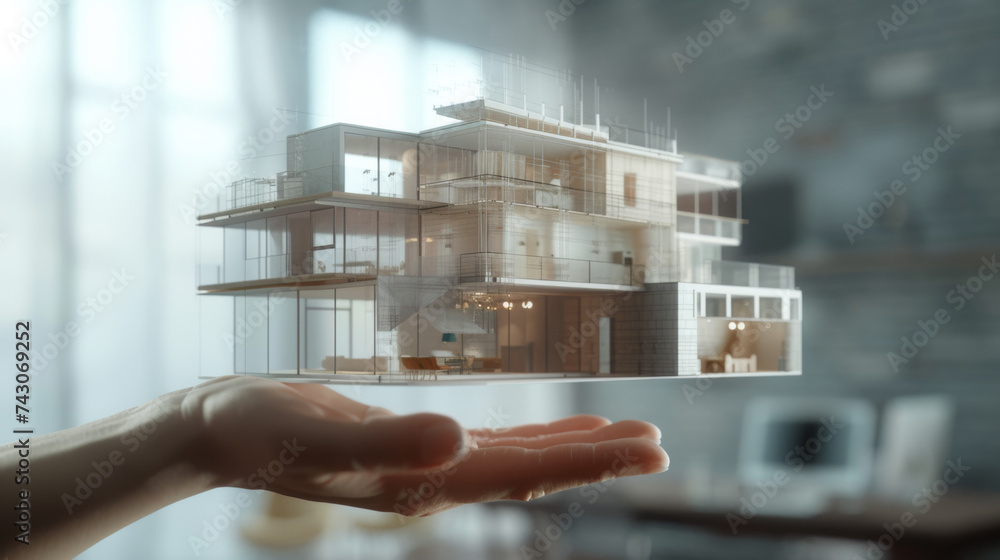 Poster holographic projection of a modern house architecture model being displayed above a person's open ha