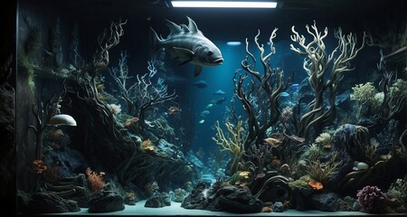 Create an ultra-realistic image of a mysterious deep-sea abyss, capturing the eerie darkness, bioluminescent creatures, and the intricate details of otherworldly deep-sea flora-Ai Generative