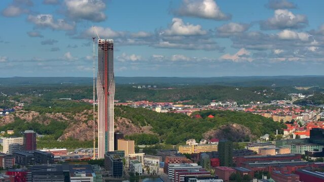 Gothenburg, Sweden. Panorama of the city central part of the city. Sunset, From Drone, a hill with panoramic views of the city. Panorama of the city. Summer day. Cloudy weather, Aerial View