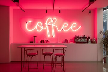 white pink neon sign COFFEE on minimal wall at cafe or coffee place. Caffeine culture. 
