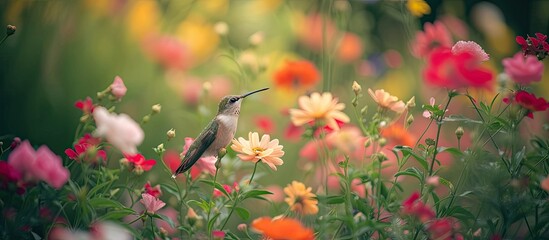 A female hummingbird perches delicately on top of a vibrant green field of flowers. The shallow depth of field emphasizes the intricate details of the bird and the colorful blooms surrounding it.