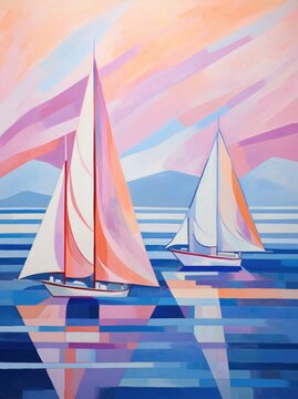 A painting depicting two sailboats gracefully sailing in the vast ocean, showcasing the beauty and power of maritime travel.