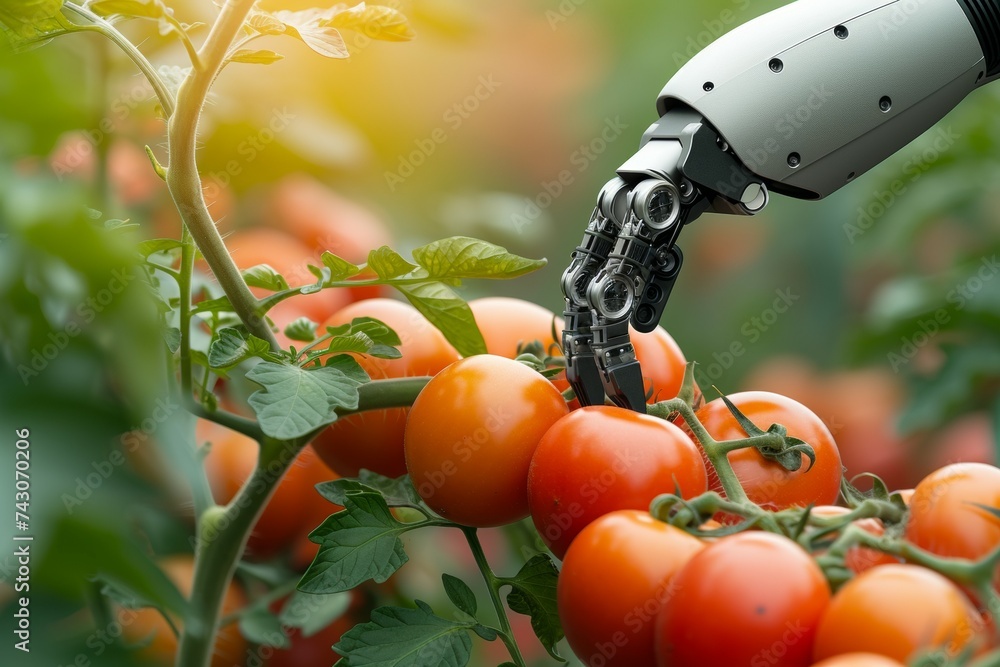 Poster modern farm with robots. backdrop with selective focus and copy space