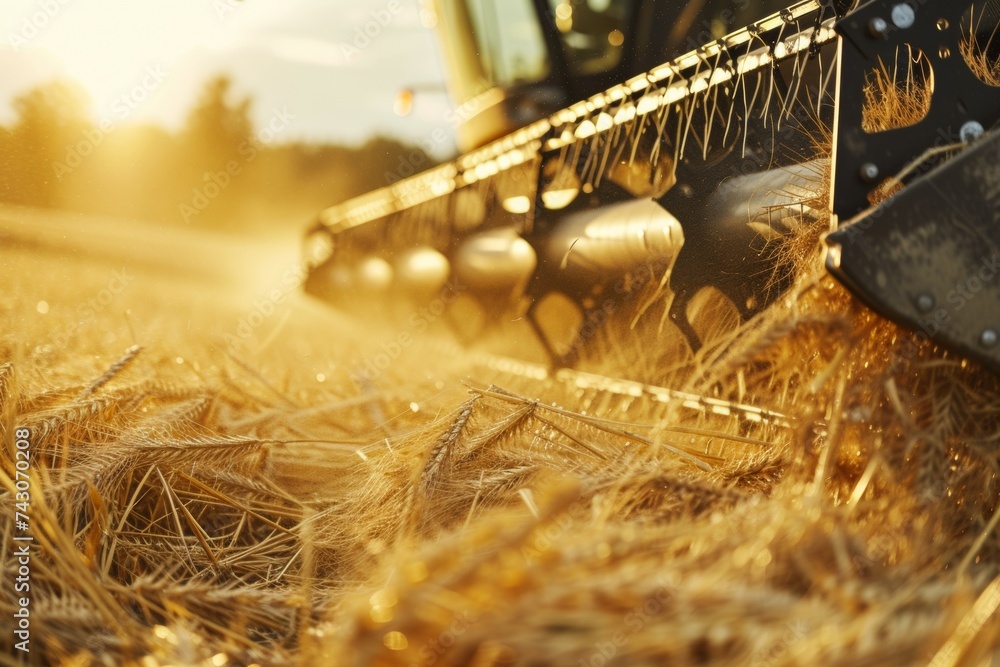 Poster the combine harvests the crop on the field. backdrop with selective focus and copy space