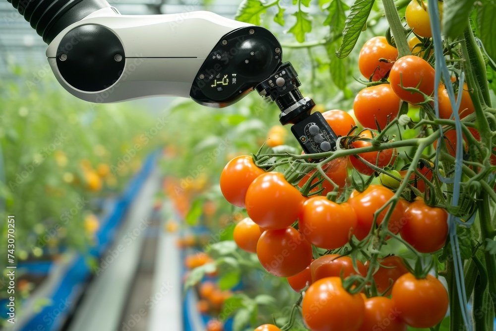 Poster modern greenhouse with robots. backdrop with selective focus and copy space