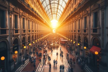 Naklejka premium Sunset Ambiance in Galleria Vittorio Emanuele II with Bustling Crowd, Milan, Italy