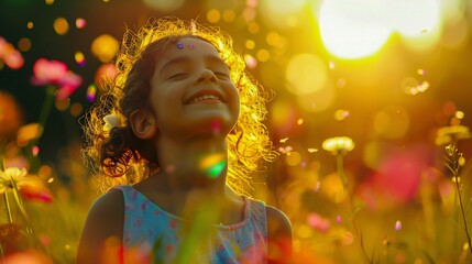 Sunset Bliss: Child Reveling in the Glow of Golden Hour. Generative ai