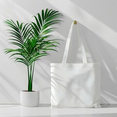 Minimalist Chic: Elegant White Tote Bag and Lush Houseplant. Generative ai