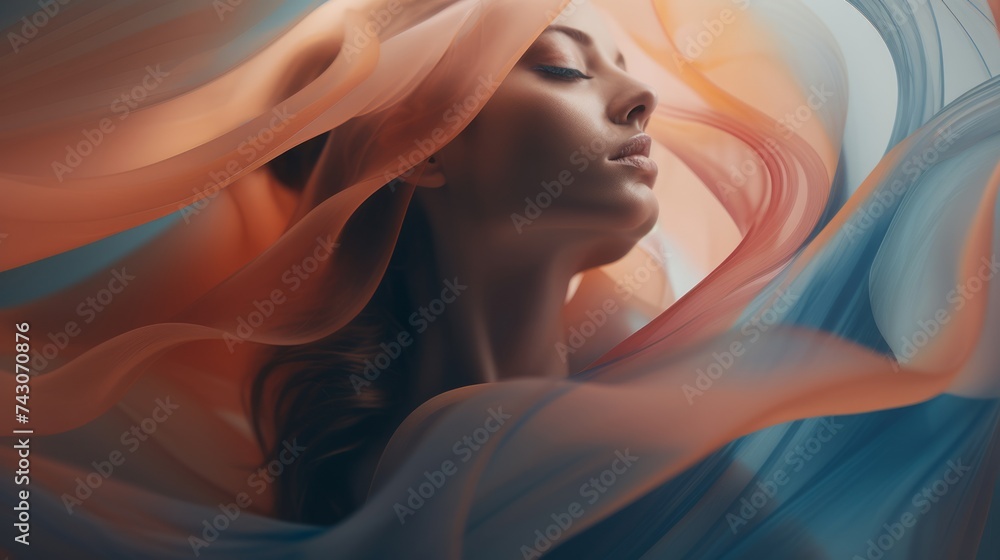 Poster Generative AI Muted and subdued colors merging subtly in an abstract and minimalist design in the face of a beautiful girl