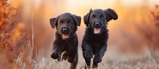 Obraz premium Two energetic black dogs, one a Labrador and the other a Border Collie, are racing across a sunlit field filled with wildflowers and tall grass. Their glossy fur shines in the sunlight as they