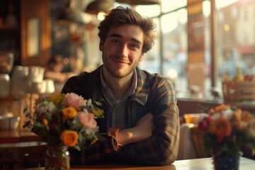 Smiling Young Man Holding a Bouquet in a Cozy Cafe Setting