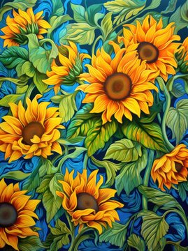 A painting featuring vibrant sunflowers set against a rich blue background, showcasing the beauty and contrast of the yellow petals.