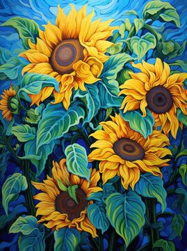 A painting featuring vibrant sunflowers set against a calming blue background. The sunflowers are the focal point, showcasing their golden petals and green stems.