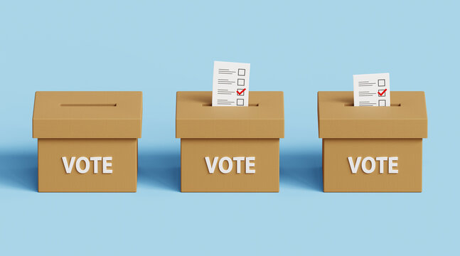 Set of voting box icons. Voting, going to vote, citizen participation in voting. Putting votes in ballot box, elections and democracy concept. 3d illustration