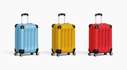 Set of plastic suitcase icons. Concept of summer time, travel vacation, tourism. Travel bag, luggage. Baggage bag for summer vacation. Pack of travel suitcase icons. 3d illustration