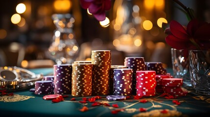 Fichas de poker de colores en una mesa de un casino elegante. Creado con IA - obrazy, fototapety, plakaty