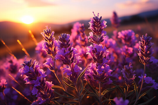 Spring sunset landscape of blooming purple and pink lavender in a meadow with mountains in the background