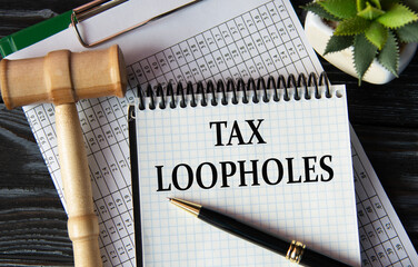 TAX LOOPHOLES - words on a white sheet on the background of a judge's gavel, a cactus and a pen