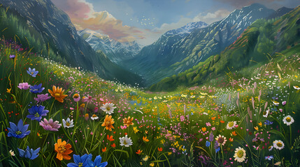 alpine meadow in the mountains 3d ,
A painting of a field of wildflowers in the mountains.
 - obrazy, fototapety, plakaty