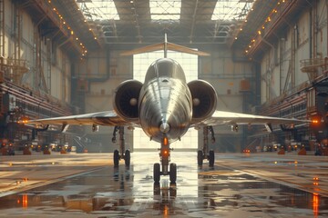A military aircraft, also known as a fighter jet, is stored in a hangar made of composite materials. It is a powerful vehicle manufactured by an aerospace company - obrazy, fototapety, plakaty