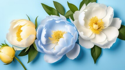 Naklejka na ściany i meble spring flowers, blue and yellow peonies, postcard, advertising banner