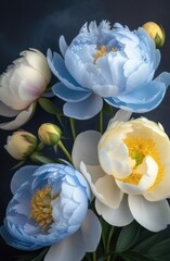 spring flowers, blue and yellow peonies, postcard, advertising banner