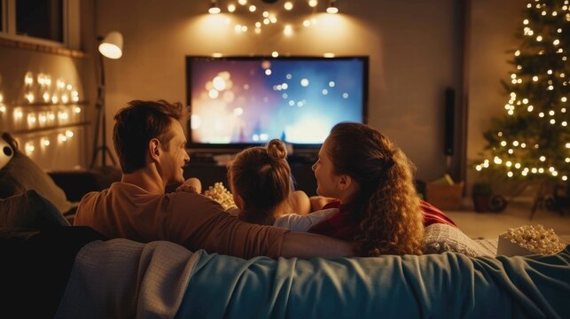 The family gathers in a dark room, sharing the fun and entertainment of watching a television program on a couch. AIG41