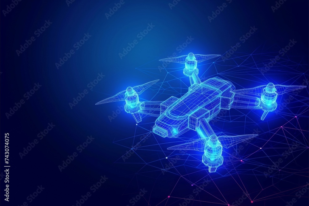 Poster drone hologram made of dots. invention and research concept. background with selective focus and cop