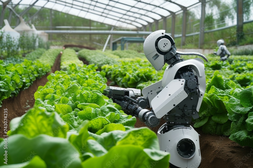 Aufkleber modern greenhouse with robots. background with selective focus and copy space