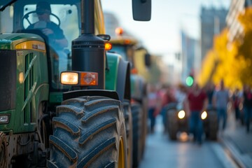 Farmers' tractors at the protest. Background with selective focus and copy space