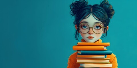 Funny girl with glasses and stack of books
