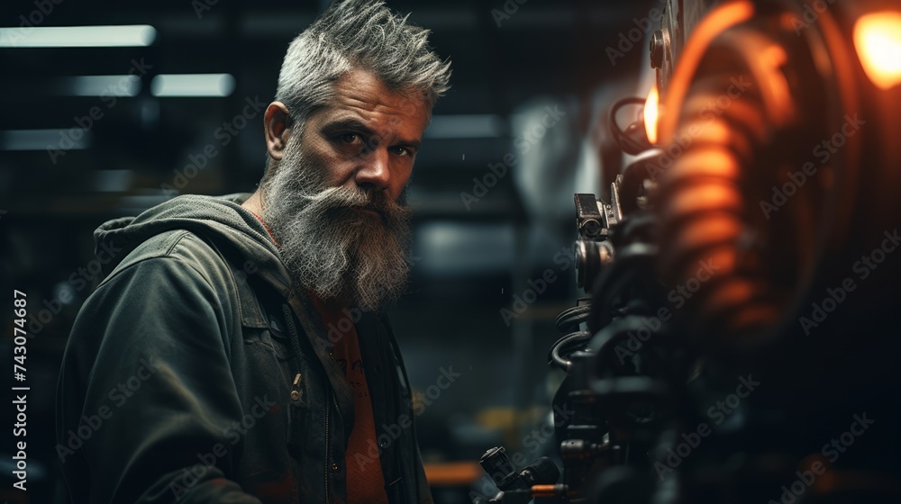 Poster Generative AI Portrait of an auto mechanic using a diagnostic scanner, checking vehicle systems, advanced technology in a workshop