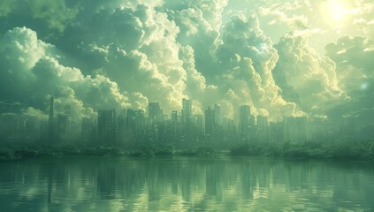 futuristic abstract cityscape with clouds and water reflected