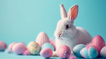 Happy easter bunny with colorful easter eggs