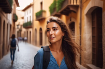 Fototapeta premium Traveler girl walking the in street of old town in Europe