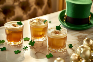 St. Patrick's inspired whiskey cocktails sitting on a marble bar top with four leaf clovers and St. Patrick's day hat.