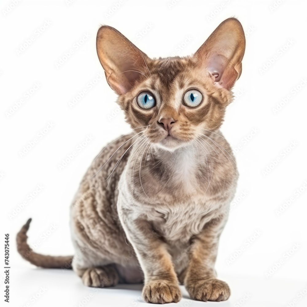 Poster realistic photo of a devon rex cat on a white background, curly coat, mischievous expression, playfu