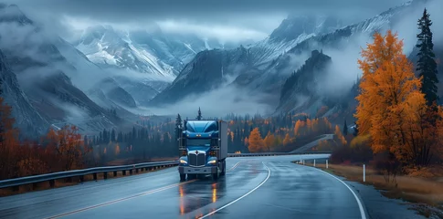  A blue semi truck with automotive lighting is descending a mountain road in the rain, navigating through water on the asphalt surface © RichWolf
