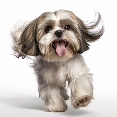 Realistic photo of a Shih Tzu on a white background, flowing coat, friendly eyes, affectionate and outgoing disposition Generative AI