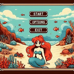 pixel art game screen menu with mermaid