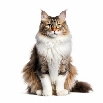Realistic photo of a Norwegian Forest cat on a white background, bushy tail, majestic appearance, affectionate and independent nature Generative AI