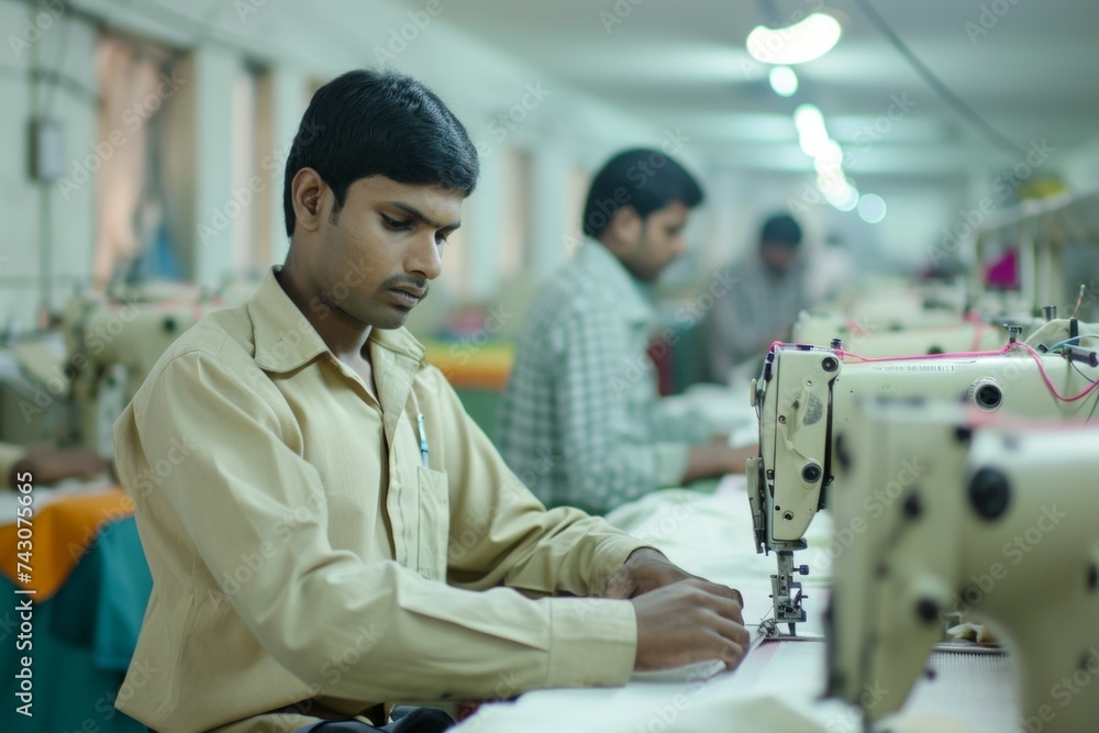 Poster workers at a textile factory. background with selective focus and copy space