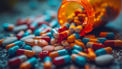 medical pills and capsules flowing the bottle onto the table - obrazy, fototapety, plakaty