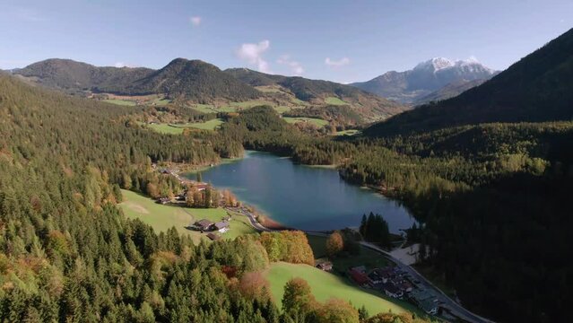 The scenic view of Lake Hintersee at autumn. Lake Hintersee is located in the Berchtesgaden National Park.	