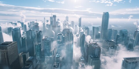 A Breathtaking Aerial View of a Modern Metropolis Enveloped in Soft Mist, Bridging the Earth and Sky, Generative AI - obrazy, fototapety, plakaty