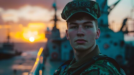 Young military man aboard a naval ship at sunset, portrait of courage and dedication, symbol of national service. AI - obrazy, fototapety, plakaty