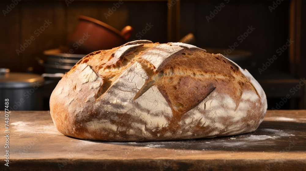 Poster Generative AI Rustic farmhouse bread, showcasing scoring patterns and flour-dusted surfaces for an authentic look